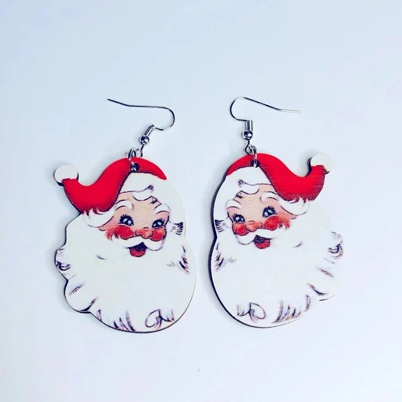1Pair Wooden Christmas Santa Claus Decor Drop Dangle Earrings Women Xmas Gift - Picture 2 of 3